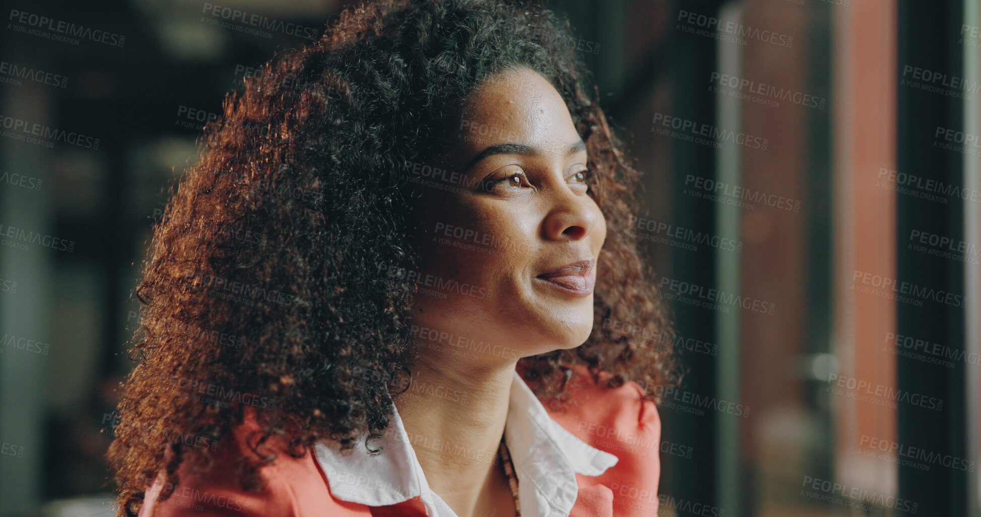Buy stock photo Thinking, happy and business woman with idea for project solution, company decision and planning. Professional, startup manager and person with reflection, insight and problem solving for proposal