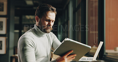 Buy stock photo Business, online reading and man with tablet, research for publication and copywriting. Person, employee and journalist in office, tech or magazine website with email for newsletter or app for column