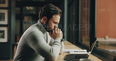 Buy stock photo Thinking, office and business man on laptop for finance solution, investment decision and planning. Window, startup manager and person with reflection, ideas and problem solving for budget proposal