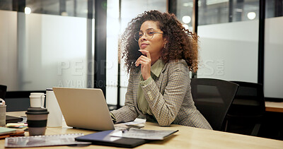 Buy stock photo Night, woman and thinking at laptop for business, economy research and financial planning. Overtime, trader and computer in office for stock market information, problem solving and investment idea