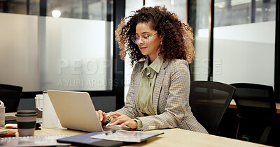 Buy stock photo Night, woman and typing on laptop for business, economy research and investment platform. Overtime, trader and computer in office for stock market information, financial planning and review trends