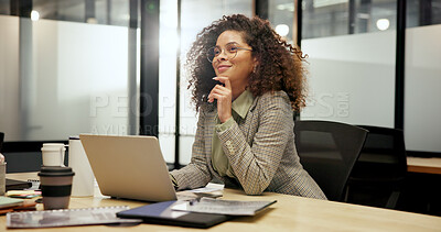 Buy stock photo Night, thinking and woman in office, laptop and editor with article publication, internet and ideas. Evening, person and journalist with pc, positive review and choice with inspiration and decision