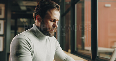 Buy stock photo Reading, business and man in office with laptop, planning and ideas for project management. Review, technology and person in workplace with problem solving, research info and solution for company