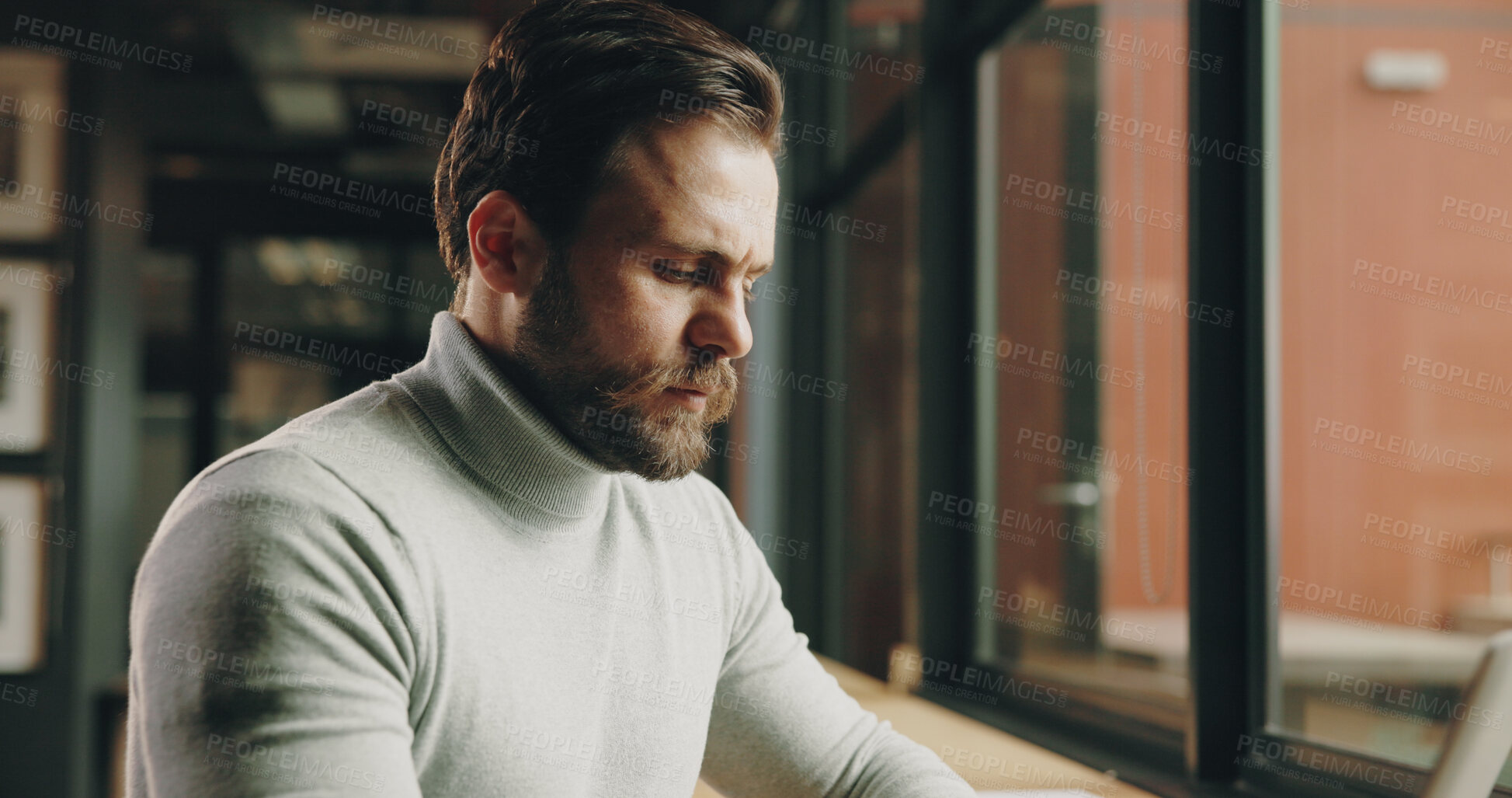 Buy stock photo Reading, business and man in office with laptop, planning and ideas for project management. Review, technology and person in workplace with problem solving, research info and solution for company