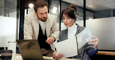 Buy stock photo Business, people and reading document in office for finance report, planning and investment proposal. Staff, laptop and paperwork for company portfolio, review pitch and budget information on funding