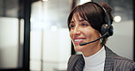 Communication, face and woman with headset in office, online agent and customer service in call centre. Smile, mature virtual assistant and digital support in company, tech and advice for help desk
