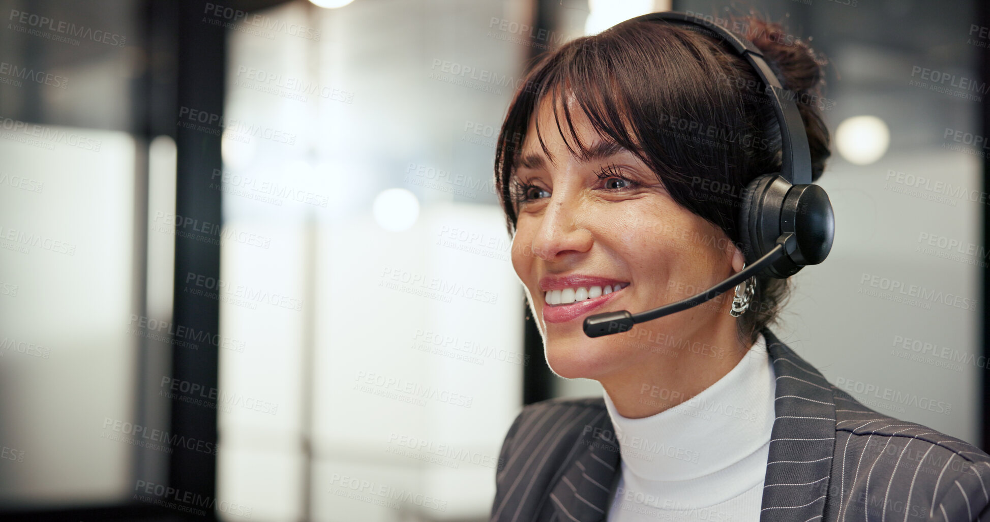 Buy stock photo Communication, face and woman with headset in office, online agent and customer service in call centre. Smile, mature virtual assistant and digital support in company, tech and advice for help desk