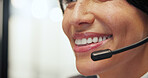 Happy woman, mouth and consultant with headset for customer service or online advice in call center. Closeup, female person or agent with smile or mic for virtual assistance, help or communication