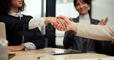 Buy stock photo Agreement, handshake and meeting with business people in office together for thank you or welcome. Boardroom, collaboration and partnership with employee team shaking hands in workplace for deal