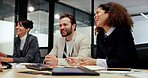 Attention, boardroom and laughing with business people in office together for career development. Education, listening and workshop with funny employee team at work for review or upskill training