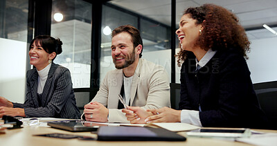Buy stock photo Attention, boardroom and laughing with business people in office together for career development. Education, listening and workshop with funny employee team at work for review or upskill training