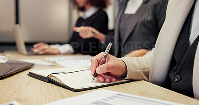 Buy stock photo Boardroom, seminar and writing with hands of business people in office together for workshop. Career development, education and notebook with employee team in workplace for review or upskill training