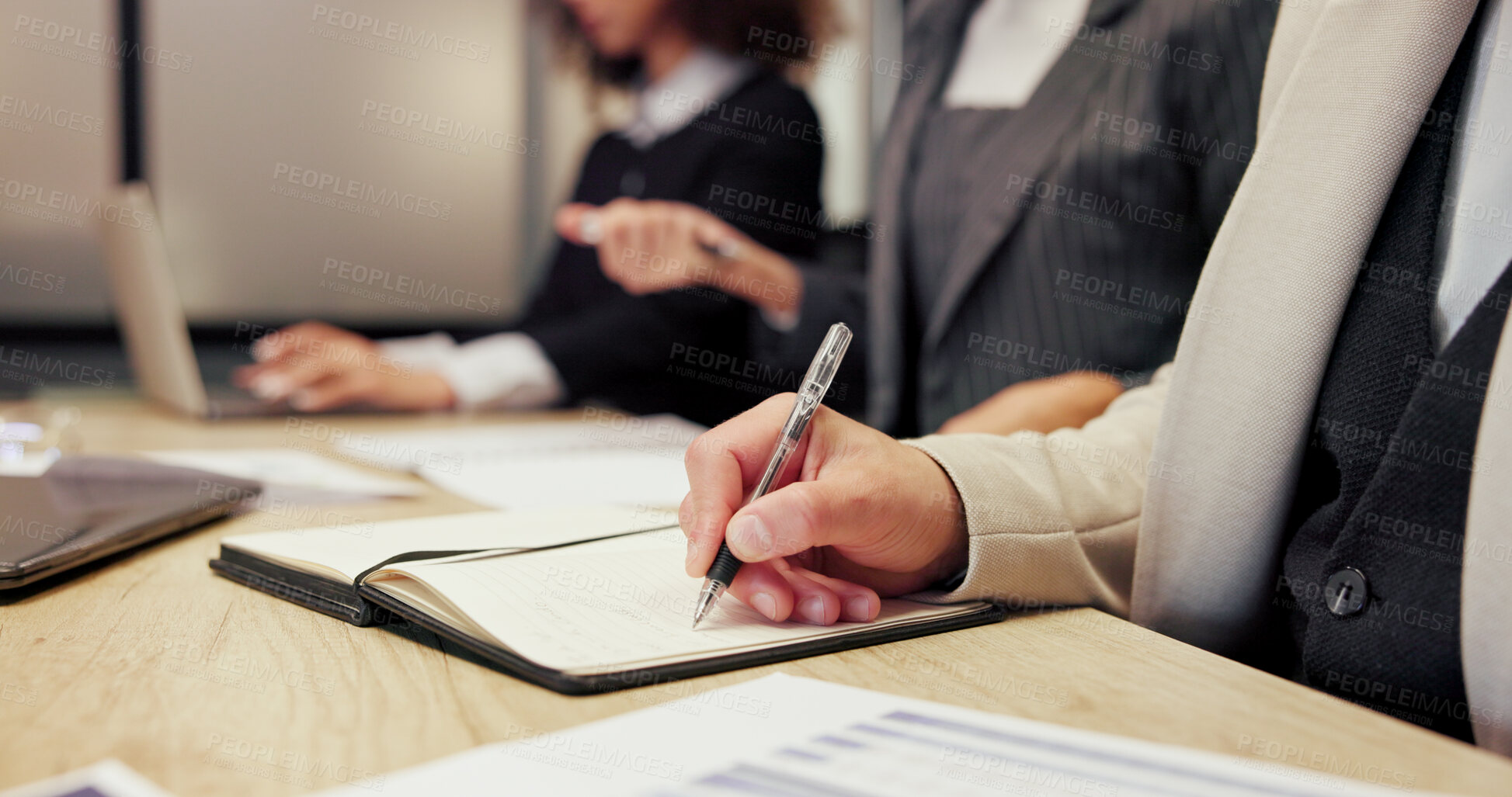Buy stock photo Boardroom, seminar and writing with hands of business people in office together for workshop. Career development, education and notebook with employee team in workplace for review or upskill training