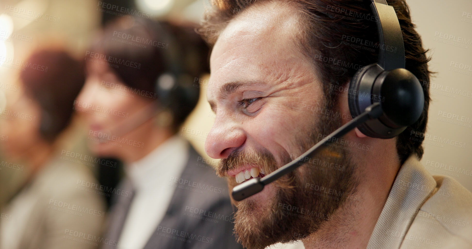 Buy stock photo Man, happy and headset at call center with talk, insight or customer support at investment agency. Person, broker and agent with smile, mic and contact us at help desk for financial trading at office