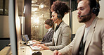 Woman, happy and headset at call center with typing, computer or customer support at investment agency. Person, broker and consultant with pc, contact us and help desk for financial trading at office