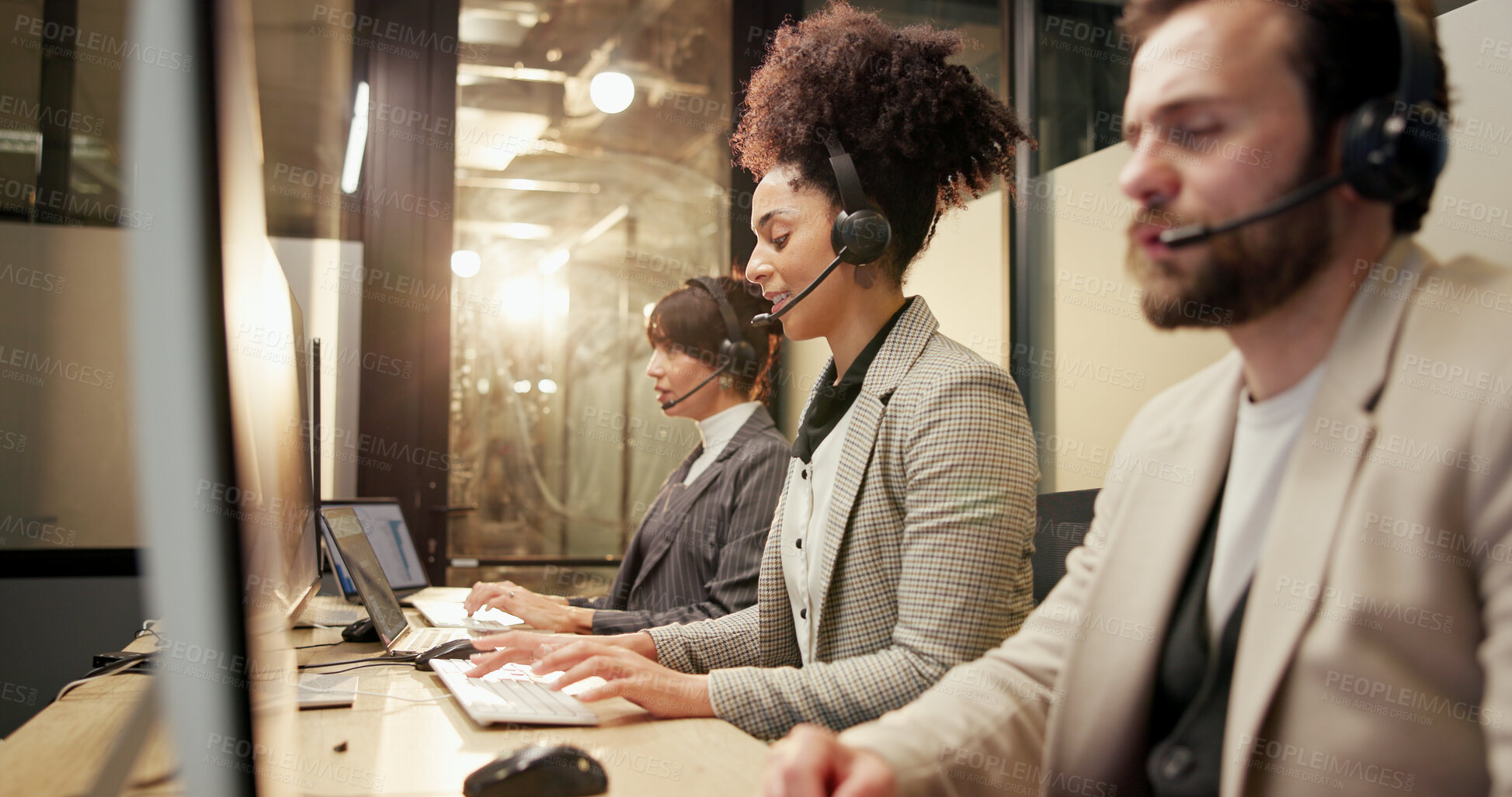 Buy stock photo Woman, happy and headset at call center with typing, computer or customer support at investment agency. Person, broker and consultant with pc, coworking and help desk for financial trading at office