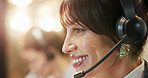 Business woman, consultant and call center with headset in office for online customer service. Profile, female person or friendly agent with smile or mic for remote advice, virtual assistance or help