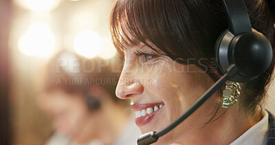 Buy stock photo Business woman, consultant and call center with headset in office for online customer service. Profile, female person or friendly agent with smile or mic for remote advice, virtual assistance or help