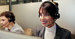 Woman, smile and headset at call center with mic, feedback or customer care at investment agency. Person, broker and agent with voip, happy and solution at help desk for financial trading at office