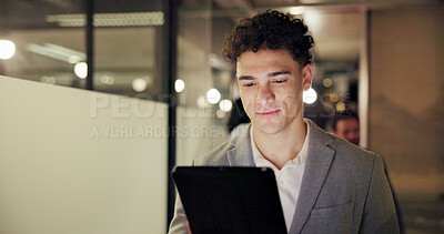 Buy stock photo Reading, business and man in office with tablet, communication or update in KPI summary. Digital, scroll and project analyst in workplace with tech, review or email browse for performance metric.