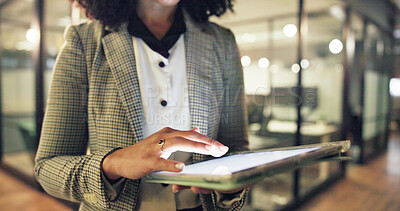 Buy stock photo Hands, tablet and scroll at night, office and review for project management with bokeh at media company. Person, tech and overtime with app, checklist or feedback for proposal at creative agency