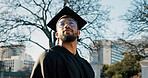 Man, college student and thinking outdoor for graduation at campus with memory, reflection or education. Person, happy and perspective for achievement at university, scholarship or learning in Mexico