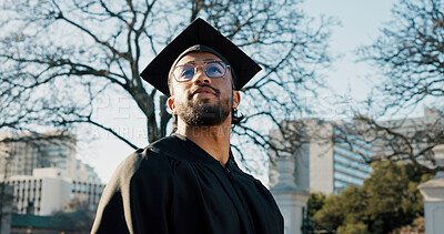 Buy stock photo Man, college student and thinking outdoor for graduation at campus with memory, reflection or education. Person, happy and perspective for achievement at university, scholarship or learning in Mexico