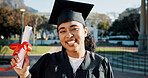 Woman, college student and diploma for portrait at graduation, pride and happy at academy. Person, smile and certificate with education, scholarship and celebration at university campus in Colombia