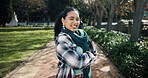 Woman, college student and smile for portrait at campus, arms crossed or pride for learning at academy. Person, happy and confidence with education, scholarship or development at university in Mexico