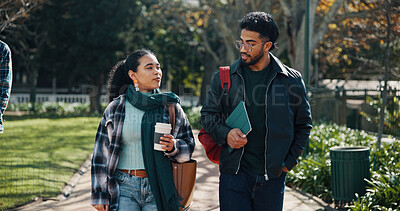 Buy stock photo College student, man and woman on walk in park with discussion, coffee and ready for learning at campus. Friends, talk and outdoor for back to school, education or scholarship at university in Brazil