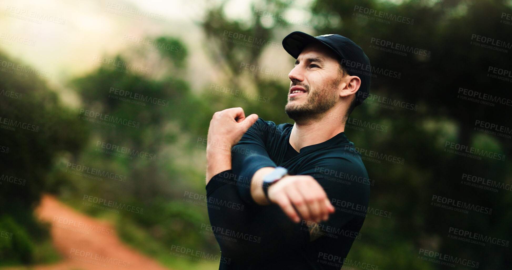Buy stock photo Fitness, man and stretching arms in nature for health, wellness and flexibility. Sports, training and male athlete with warm up, start workout and running or summer exercise with outdoor space