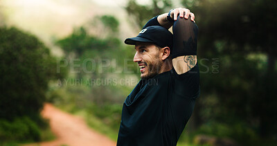 Buy stock photo Exercise, man and stretching arms in nature for health, wellness and flexibility. Sports, training and male athlete with warm up, start workout and running or summer fitness with outdoor space