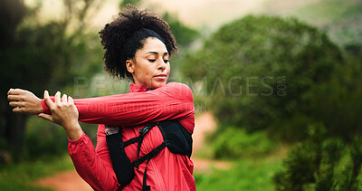Buy stock photo Fitness, woman and stretching arms in nature for health, wellness and flexibility. Sports, training and female athlete with warm up, start workout and running or summer exercise with outdoor space