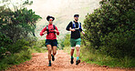 Hiking, running and training with couple in forest together for challenge, performance or workout. Exercise, fitness and space with hiker people outdoor in nature for development, hobby or journey