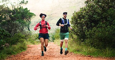Buy stock photo Hiking, running and training with couple in forest together for challenge, performance or workout. Exercise, fitness and space with hiker people outdoor in nature for development, hobby or journey