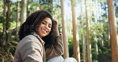 Buy stock photo Happy woman, portrait and relax in woods for nature adventure, happiness and traveling holiday. Morning trip, hiking and relaxed person with smile in forest, explore or wellness for outdoor exercise