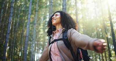 Buy stock photo Freedom, outdoor and woman in forest with stretch, peaceful mood and nature in hiking adventure. Achievement, happy and hiker in woods with open arms, fresh air and travel on trekking journey.
