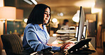 Computer, night and tablet with business woman at desk in office for online planning or research. App, deadline and internet with employee person at work for evening overtime to finish assignment