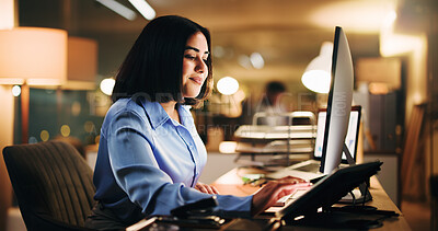 Buy stock photo Computer, night and tablet with business woman at desk in office for online planning or research. App, deadline and internet with employee person at work for evening overtime to finish assignment