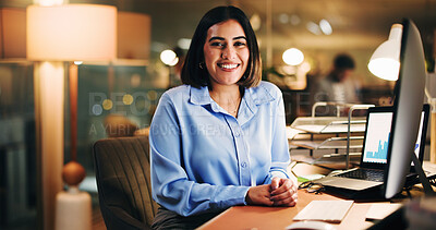Buy stock photo Portrait, employee and woman with tech, office or working late for financial report, graph or pride. Night, accountant and happy person with laptop, data analysis and smile with info, chart or online