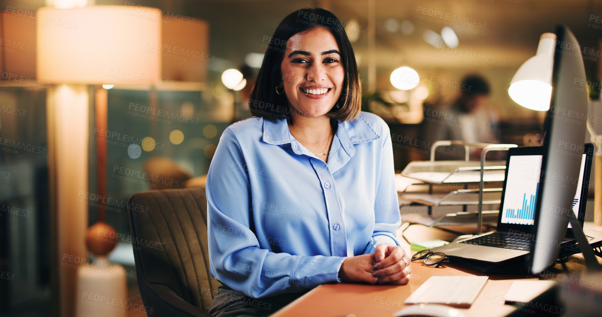 Buy stock photo Portrait, employee and woman with tech, office or working late for financial report, graph or pride. Night, accountant and happy person with laptop, data analysis and smile with info, chart or online