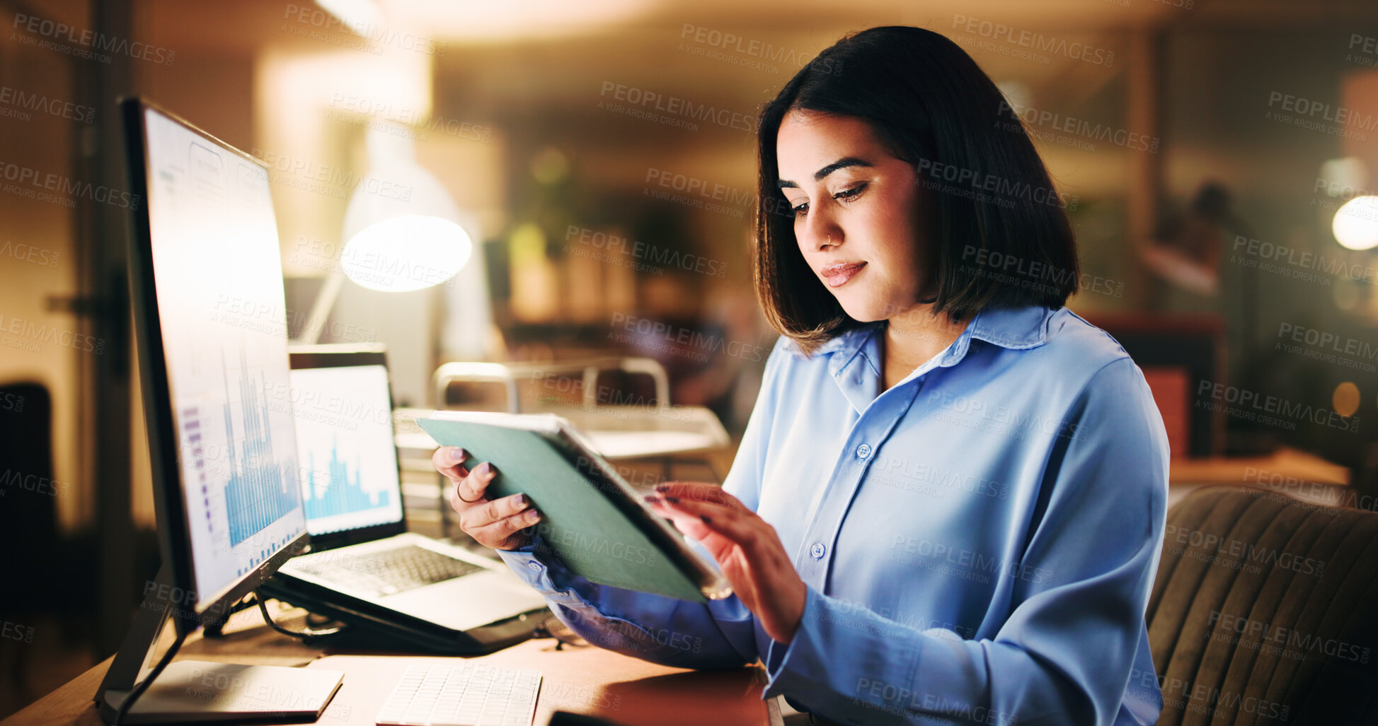 Buy stock photo Graphs, tablet or woman with computer, online and investment in office for progress report. Digital, network and data analyst at night with tech, overtime and reading in finance for stock market