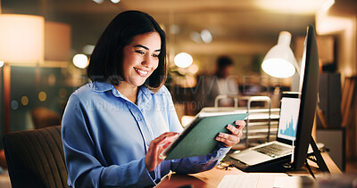 Buy stock photo Tablet, graphs or business woman with stock market report, research or scrolling in office for investment. Happy, digital and analyst in finance with smile, online and computer in trade for profit