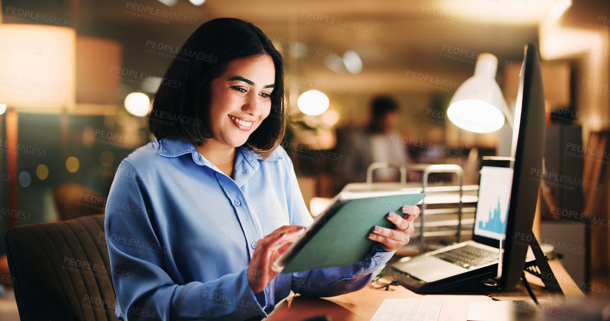 Buy stock photo Tablet, graphs or business woman with stock market report, research or scrolling in office for investment. Happy, digital and analyst in finance with smile, online and computer in trade for profit