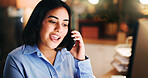 Phone call, woman and night in office with accountant, project or financial manager with smile. Bookkeeping, technology and business person with computer, overtime research and administration agency