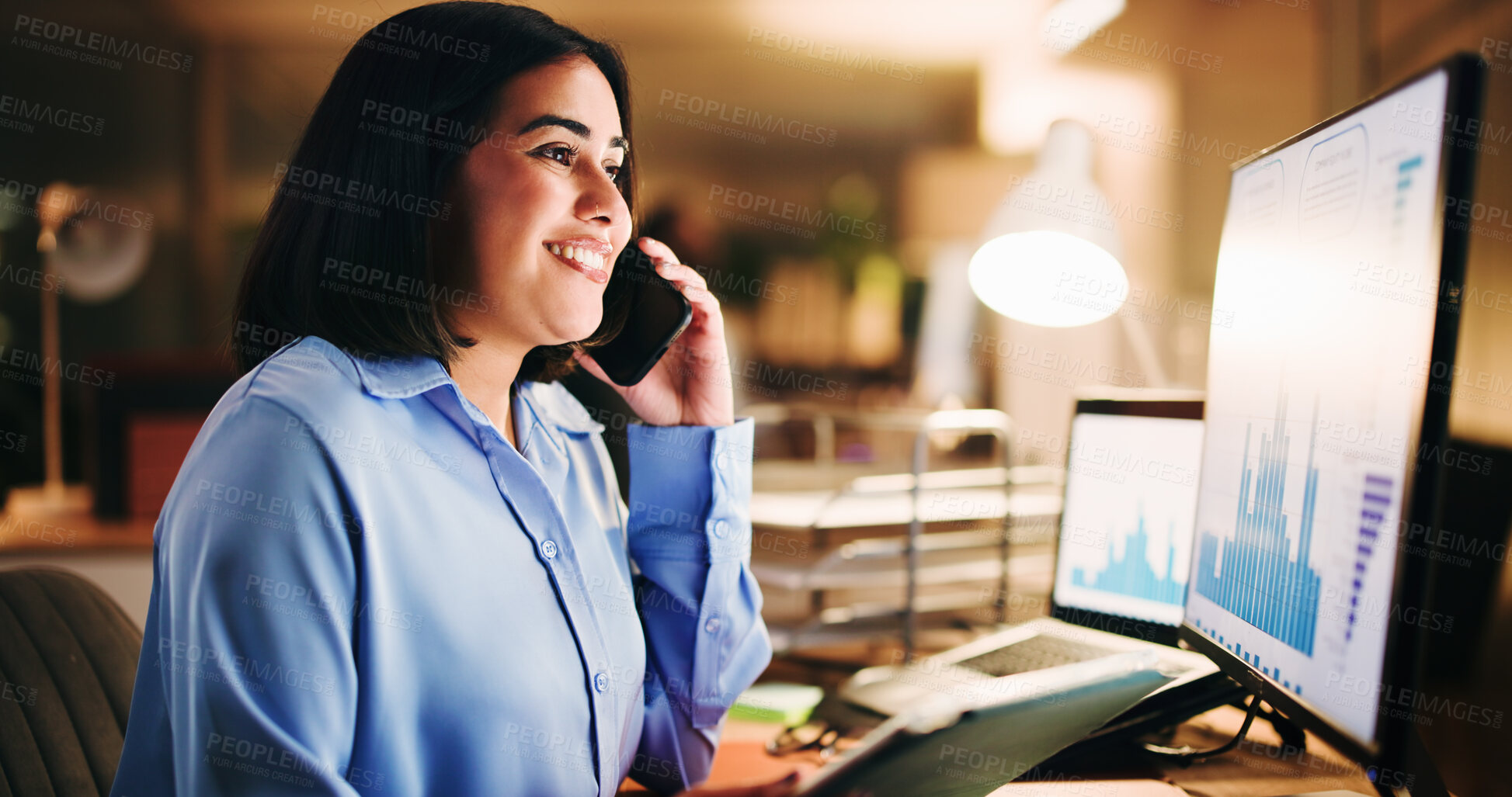 Buy stock photo Computer, night and phone call with business woman at desk in office for online planning or research. Communication, deadline and internet with employee at work for evening or overtime assignment