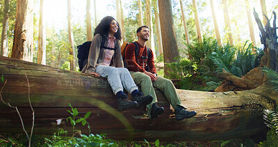 Buy stock photo Couple, hiking and break on log, forest and relax with smile, sightseeing or bonding on travel in summer. Happy woman, man and interracial relationship for trekking, excited and low angle in woods
