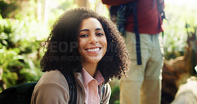 Buy stock photo Portrait, woman and person in nature with sunshine, fitness activity and resting from hiking trip. Happy, people and friends in forest with sunlight, positive and summer for trail adventure.