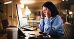 Business, night and woman with headache, pain and financial agency with stress, error and burnout. Evening, person and broker in office, migraine and overwhelmed with stock market crash and anxiety