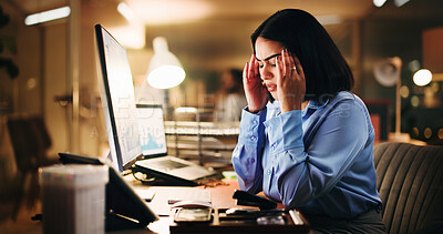 Buy stock photo Business, night and woman with headache, pain and financial agency with stress, graphs and burnout. Evening, person and broker in office, migraine and overwhelmed with  charts for profit growth